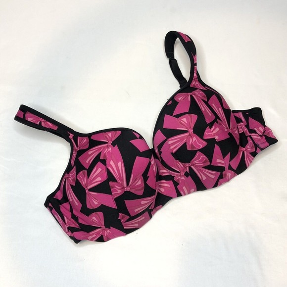 Cacique Balconette Bra 42C Black Pink Bows Sexy Support Lift Comfort Underwire - Picture 1 of 9